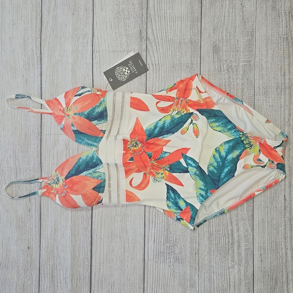Vince Camuto Tropical Floral Print V-Neck One Piece Swimsuit White Size 4 NWT